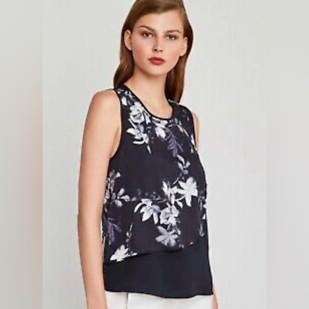 NWT BCBGMaxAzria black with shade gray and white floral print sleeveless top XS